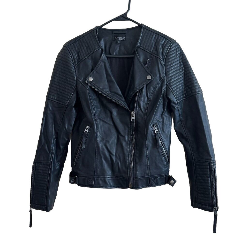 Topshop Faux Leather Black Moto Jacket Biker Full Zip LS Grunge Women's Size 6
